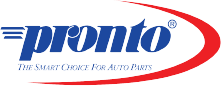 Pronto logo of the word Pronto in blue and a red swoop on the right side of the logo.